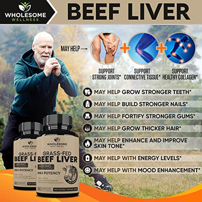 Grass Fed Desiccated Beef Liver Capsules (180 Pills, 750mg Each) - Natural Iron, Vitamin A