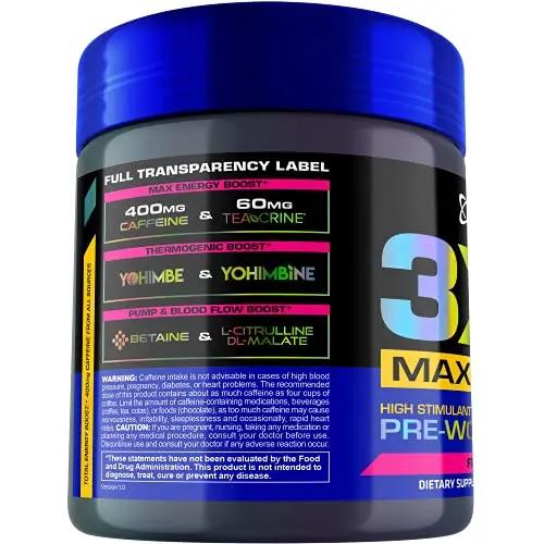 USN 3XT Max Pre-Workout Supplement Drink Mix Powder for Energy, Endurance and Pump, Nitric Oxide, Citrulline, Caffeine, Zero Creatine, Fruit Punch, 6.3493 Oz