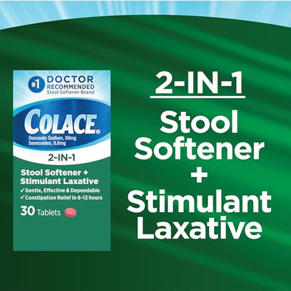 Colace 2-In-1 Stool Softener & Stimulant Laxative Tablets, Gentle Constipation Relief in 6-12 Hours