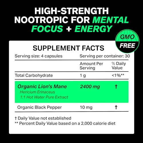 Organic Lions Mane Supplement Capsules 2400 mg - Powerful Nootropic - Helps Maintain VitaRaw