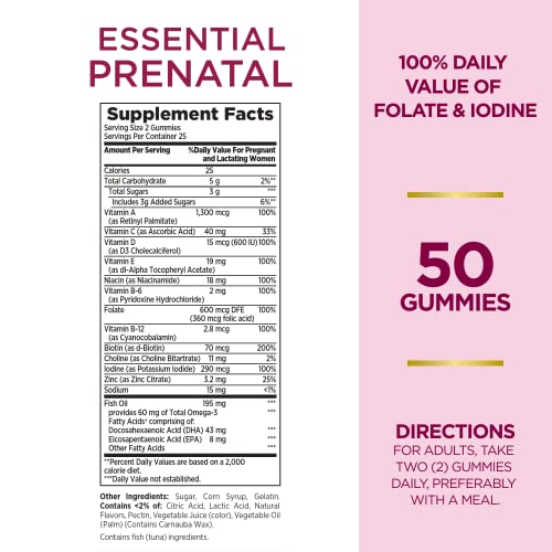 Nature's Bounty Essential Prenatal Gummies, Folic Acid and Iodine, Omega 3 and DHA, 50 Count Nature's Bounty Optimal Solutions