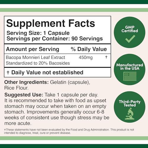 Bacopa Monnieri Capsules 20% Bacosides 450mg, 90 Count (Manufactured in USA Double Wood Supplements