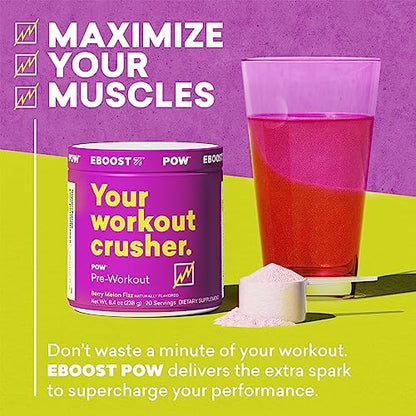 EBOOST POW Natural Pre Workout Powder - 20 Servings - Berry Melon Fizz - Pre Workout
