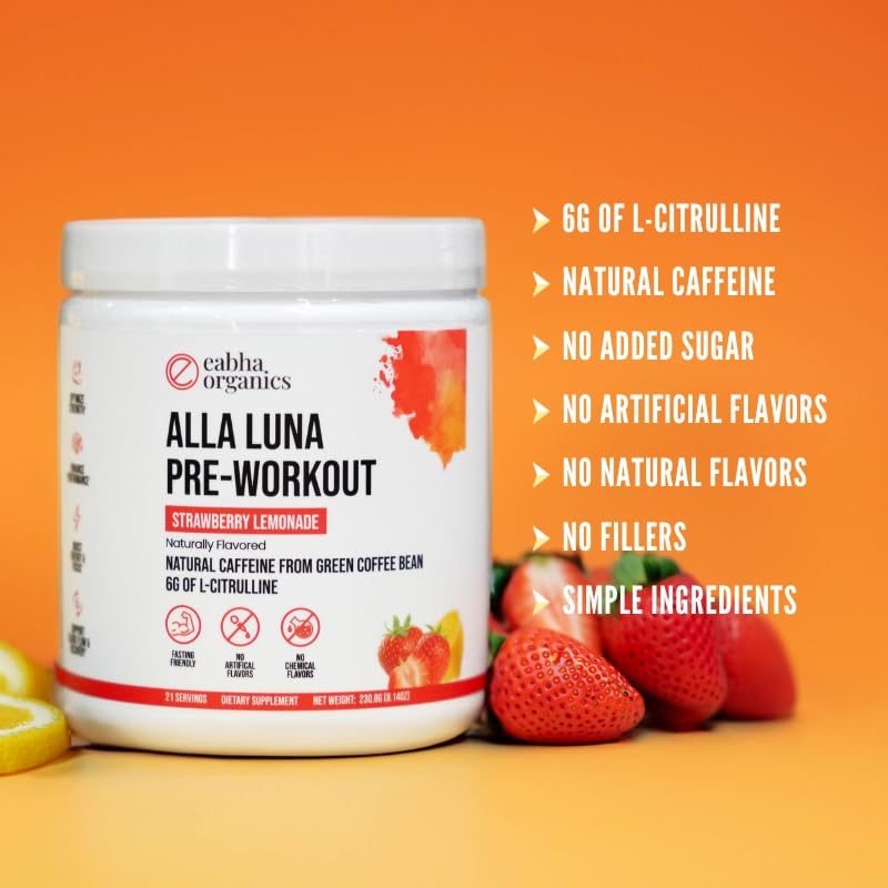 Eabha Organics Alla Luna Pre-Workout - Strawberry Lemonade - to Support Energy, Focus, and Stamina - Increase Blood Flow for a Better Pump - 21-Day Supply - 1 Scoop per Serving
