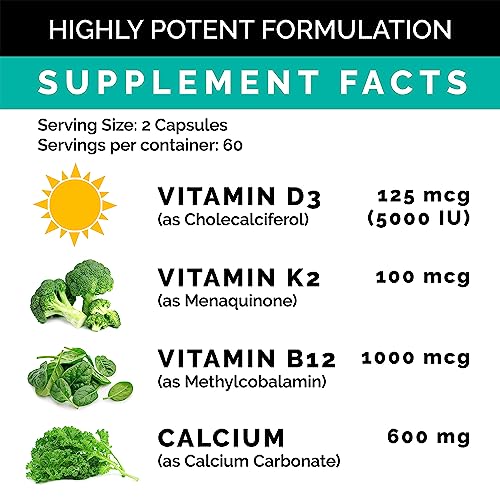 Calcium 600mg, Vitamin D3 K2 B12 Supplement - For Heart, Bone & Immune Support