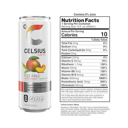 CELSIUS Peach Mango Green Tea, Functional Essential Energy Drink 12 Fl Oz (Pack of 12)