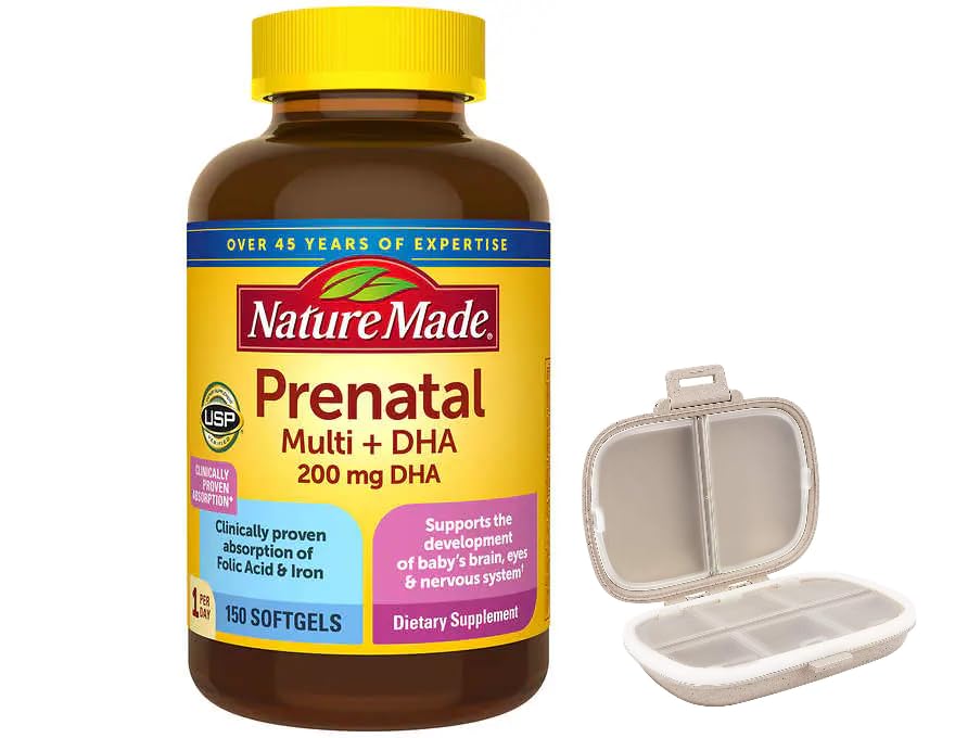Nature Made Prenatal Multi + DHA, 150 Softgels Bundle with a Travel Pill Organizer,