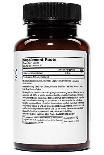Lithium Orotate 2.5mg (1 Bottle), 60 Vegetarian Capsules, Lithium Supple