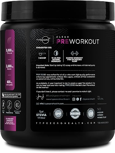 Type Zero Clean Pre Workout (11.3 oz | BlackBerry Lemonade) + Beet Root + L-Arginine + L-Citrulline - 2G Arginine, L-Citrulline Malate, Sugar Free, Organic Caffeine Preworkout