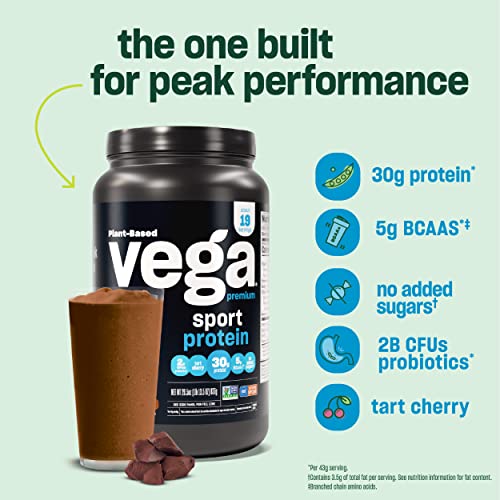 Vega Sport Premium Vegan Protein Powder, Chocolate - 30g Plant Based Protein, 5g BCAA Vega