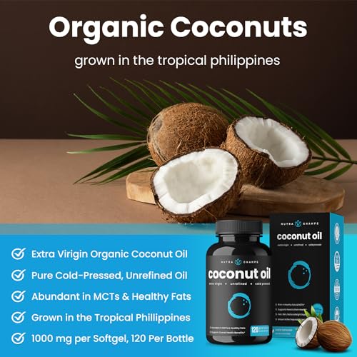 NutraChamps Organic Coconut Oil Capsules 2000mg - 120 Softgels Extra Virgin, Unrefined NutraChamps