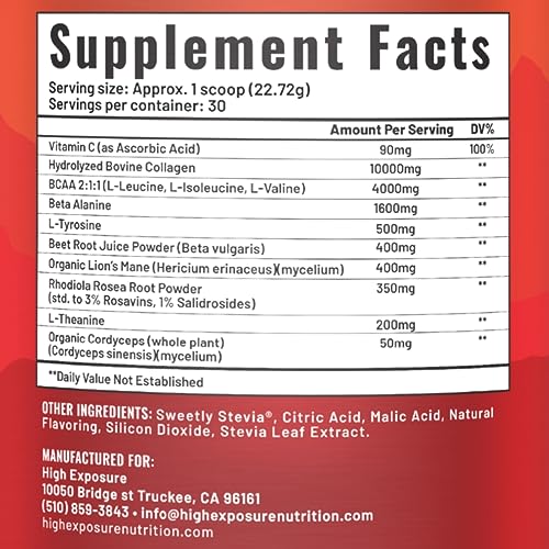 High Exposure Pre Workout Energy Mix | Pre Workout Powder for Men and Women | Endurance, Power, Strength | Beta-Alanine, BCAAs, L-Theanine, Beetroot (Fruit Punch - Caffeine Free)