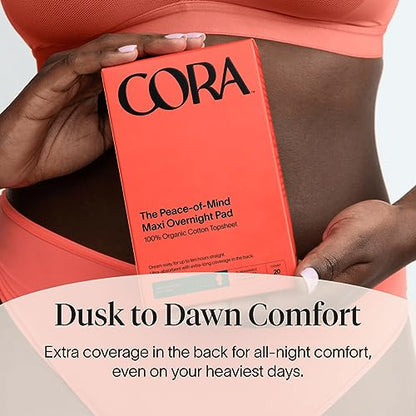 Cora Organic Cotton Topsheet Maxi Pads | Ultra Thin Period Pads with Wings | Maxi Overnight