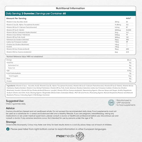 Biotin Gummies 5000mcg - with Vitamin A, B, C, D, E & Selenium – 120 Hair Nails and Skin maxmedix