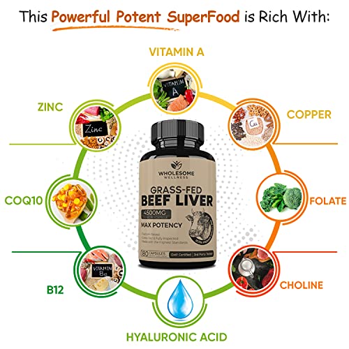 Grass Fed Desiccated Beef Liver Capsules (180 Pills, 750mg Each) - Natural Iron, Vitamin A Wholesome Wellness