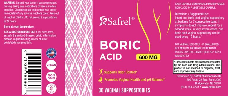 Safrel Boric Acid Vaginal Suppositories - 100% Pure Made in USA - Intimate Health Support Safrel