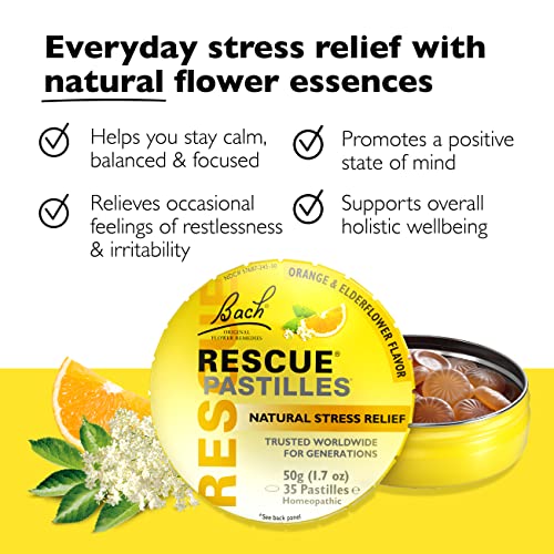 RESCUE Bach PASTILLES, Orange and Elderflower Flavor, Natural Stress RESCUE