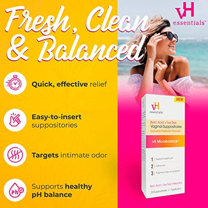vH essentials Boric Acid + Tea Tree Vaginal Suppositories - Prebiotics Formula with Lactic Acid