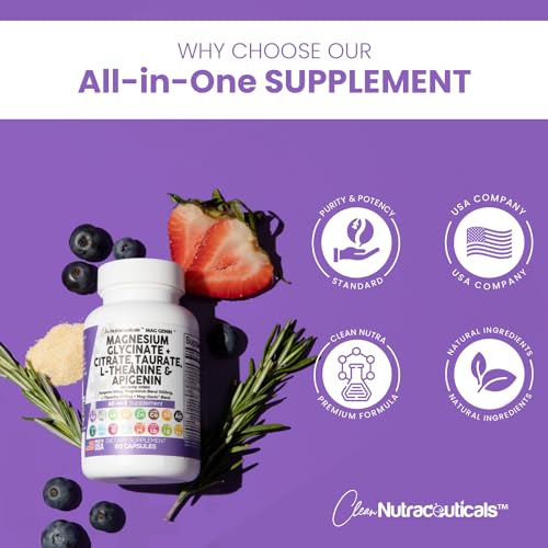 Magnesium Glycinate Complex 1000mg with L-Theanine 200mg Apigenin 50mg Citrate Taurate Supplement - 5-HTP GABA Passion Flower Lemon Balm L-Glycine Phosphatidylserine Ashwagandha - USA Made Clean Nutra