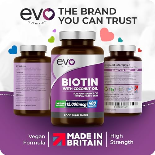 Biotin Hair Growth Supplement 12,000mcg with Coconut Oil | 400 High Strength Tablets EVO NUTRITION