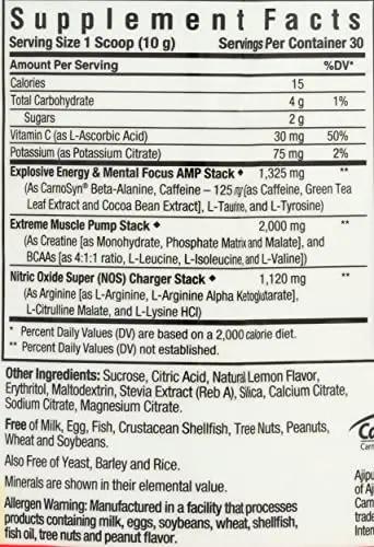 Bluebonnet Nutrition Extreme Edge Pre workout, Muscle Recharging Formula*, Increases Nitric Oxide (NO) levels*, Soy-Free, Dairy-Free, Lemon, 0.66 LB, 30 Servings