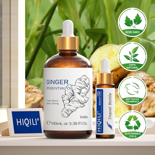 HIQILI Pure Ginger Essential Oil 3.38 Fl Oz, Pure Natural Premium Ginger Oil for Massage