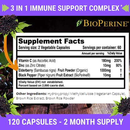 FRESH HEALTHCARE Elderberry Capsules - High Potency Black Elderberry with Zinc
