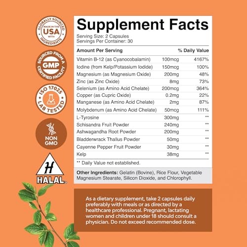 Thyroid Support Natural Complex Supplement Capsules with Vitamin B-12