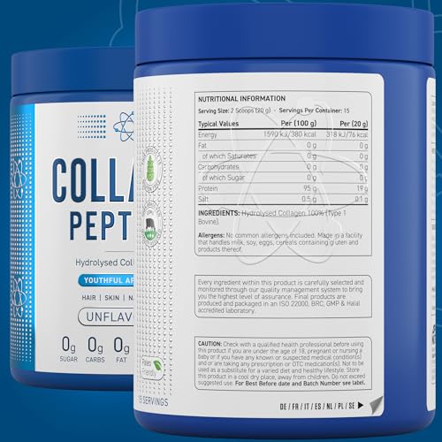 Applied Nutrition Collagen Peptides Powder - Hydrolysed Bovine Collagen Protein, Halal, Healthy Skin, Hair, Nails (Unflavoured) (300g - 15 Servings) Applied Nutrition