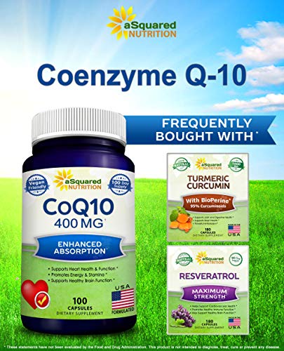 aSquared Nutrition CoQ10 (400mg Max Strength, 100 Veggie Capsules) - High Absorption aSquared Nutrition