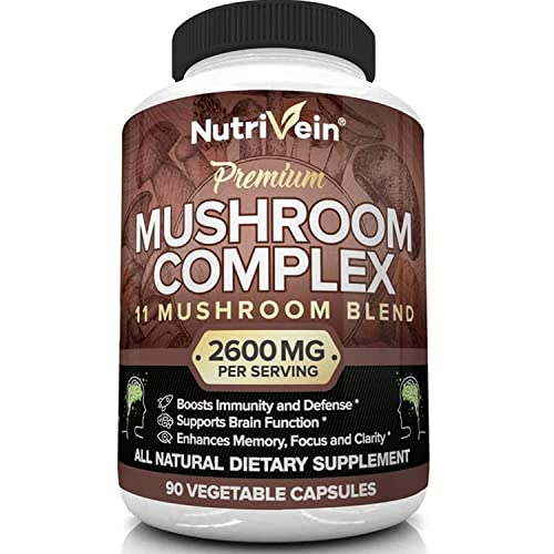 Nutrivein Mushroom Supplement - 2600mg - 90 Capsules - 11 Organic Mushrooms 