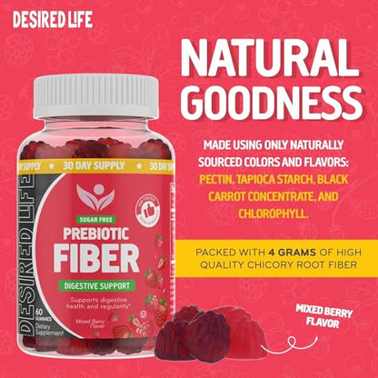 Desired Life Sugar Free Prebiotic Fiber Gummies for Adults and Kids Mixed Berry Flavor