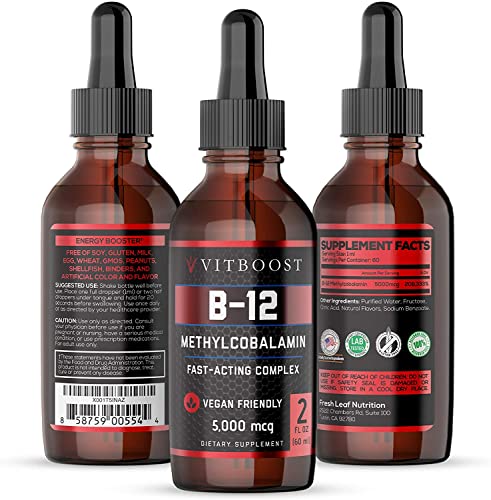 VITBOOST Vegan Liquid B-12 Drops – 60 x 5000 mcg Extra Strength Raspberry Flavored VITBOOST