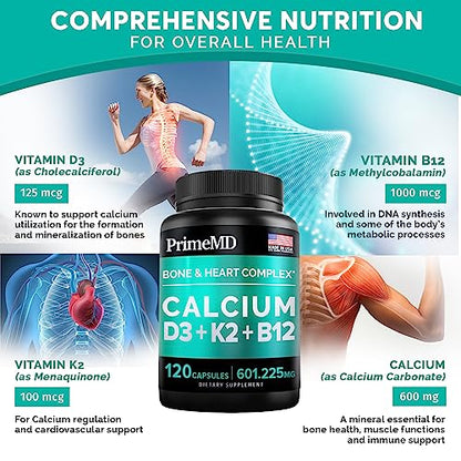 Calcium 600mg, Vitamin D3 K2 B12 Supplement - For Heart, Bone & Immune Support