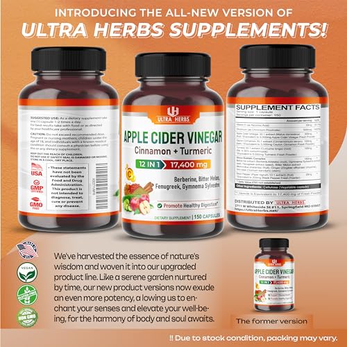 Organic Apple Cider Vinegar Capsules 17,400mg with Cinnamon, Turmeric - Best Supple ULTRA HERBS