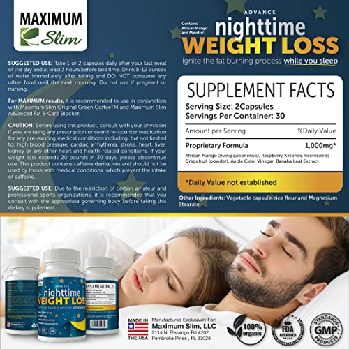 Maximum Slim Advanced Nighttime (Fat Burning) Weight Loss with African Mango, Green Tea Maximum Slim