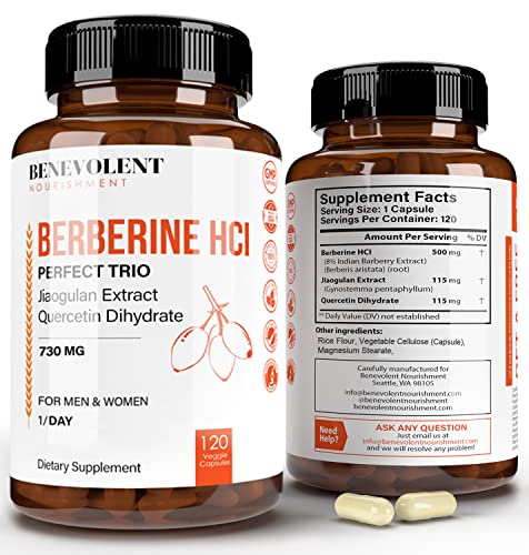 Premium Berberine HCL 730mg - 120 VCAPS Perfect Trio Complex with Non-GMO Jiaogulan