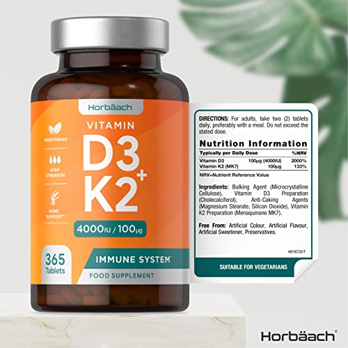 Vitamin D3 K2 High Strength Tablets | 365 Count | Vitamin D3 4000iu and Vitamin K2 MK7