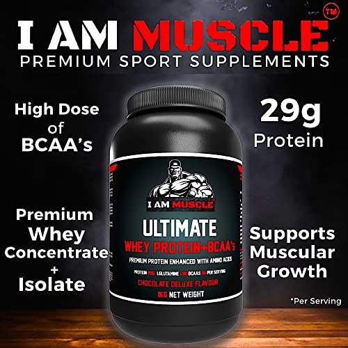 Ultimate Whey Protein + BCAA’s Powder, Premium High Protein Isolate, Enhance Lean Muscle Mass and Recovery, 1kg I AM MUSCLE