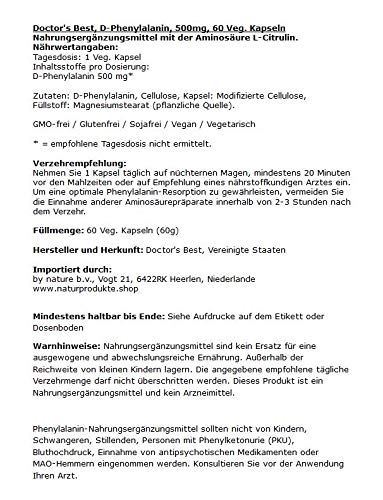 Doctor's Best D-Phenylalanine, Supports Mood, Nervous System, Non-GMO, Vegan, Gluten Doctor's BEST