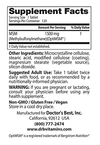 Doctor's Best MSM with OptiMSM, Non-GMO, Gluten Free, Joint Support, 1500 mg