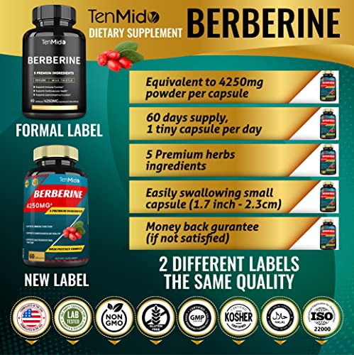 Berberine Extract Capsules 4250mg, 2 Months Supply & Ceylon, Milk Thistle, Turmeric Tenmido