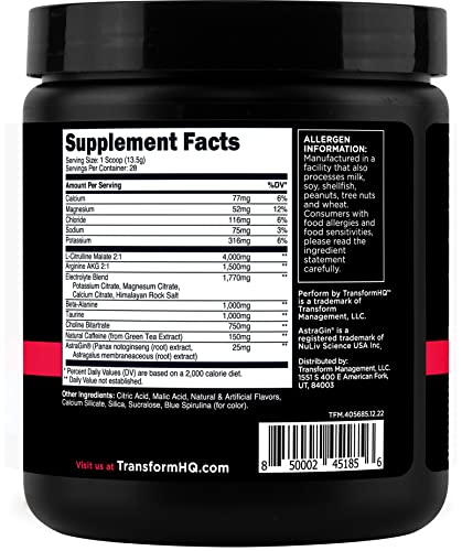 TransformHQ Pre-Workout 28 Servings - Perform - Gluten Free, Non-GMO (Blue Raspberry)