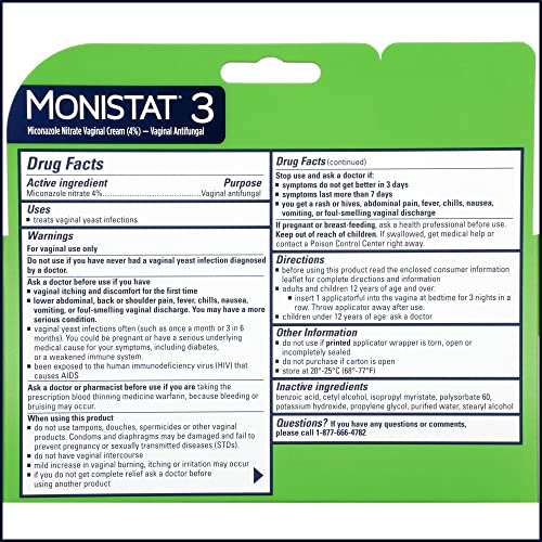 Monistat 3 Day Yeast Infection Treatment for Women, 3 Miconazole Pre-Filled Cream Applicators, 1 Pack Monistat