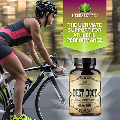 HERBALICIOUS Beet Root Capsules - Herbal Supplement for Athletic Performance, Natural Nitric Oxide Booster & Liver Support - Natural Energy Booster for Men & Women - 100 Caps