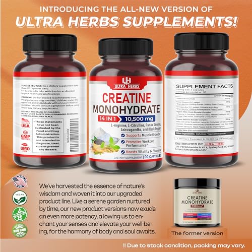 Ultra Creatine Pills Muscle Growth 9800mg Creatine Monohydrate Capsules w Ginseng ULTRA HERBS