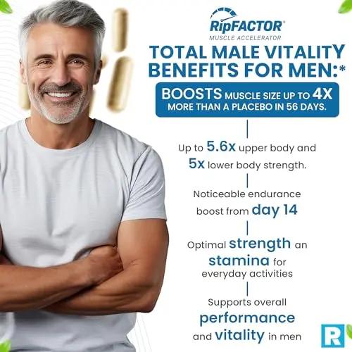 Advanced Muscle Building Supplement for Men with RipFactor, Zinc Picolinate, Vitamin D3 & Folate– Muscle Accelerator, Nitric Oxide Supplement, Natural Energy Supplement & Muscle Builder- 60 Count