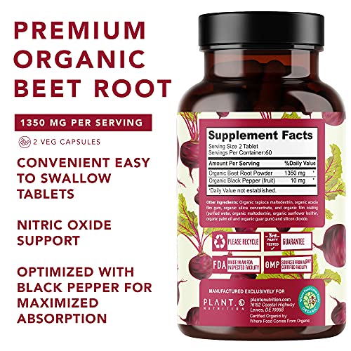 USDA Plant.O Premium Organic Beet Root Tablets [1350mg Beets Powder] with Black Pepper