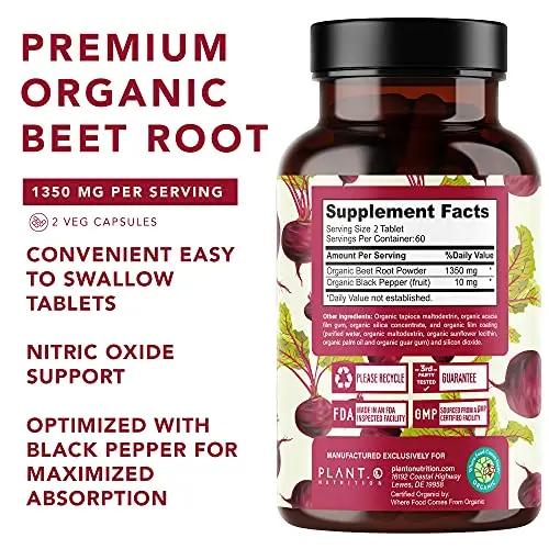 USDA Plant.O Premium Organic Beet Root Tablets [1350mg Beets Powder] with Black Pepper PLANT.O NUTRITION