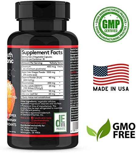 Youth & Tonic Natural Appetite Suppressant for Weight Loss / 1000 mg Apple Cider